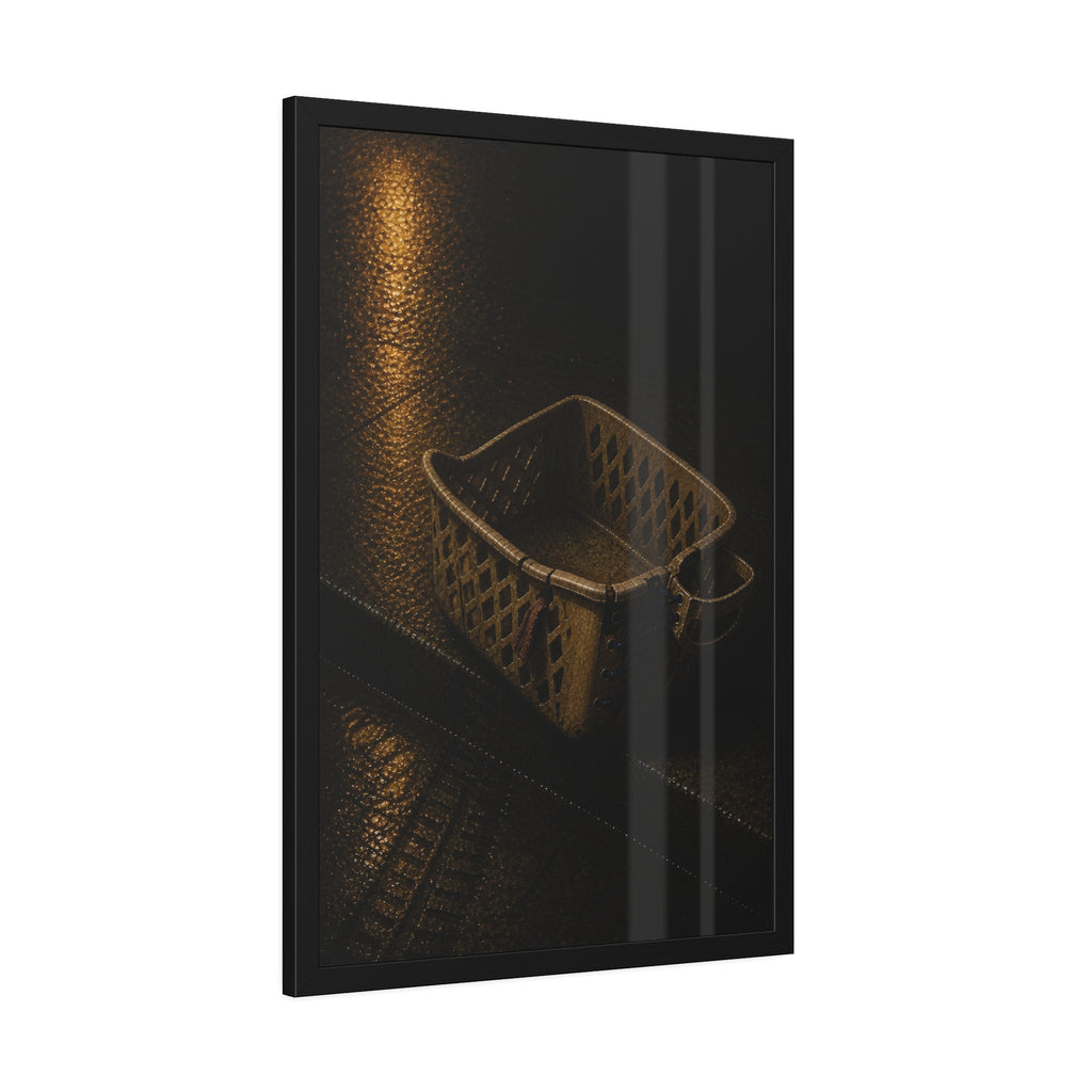 A cracked plastic laundry basket with a warped rim on wet asphalt. The Crushing of the Rim by Garabaggio, framed fine art print hanging in a room.