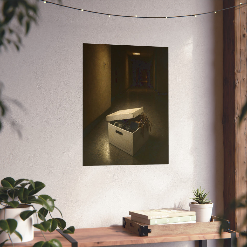 An open box of desk items on the floor of a dim office hallway. The Box of Personal Effects by Garabaggio, fine art print hanging in a room.