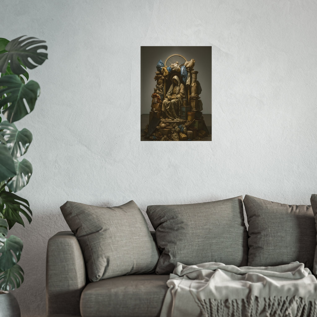 A veiled seated figure built from bags and refuse under a wheel halo. The Virgin Enthroned Among Ruins by Garabaggio, fine art print hanging in a room.