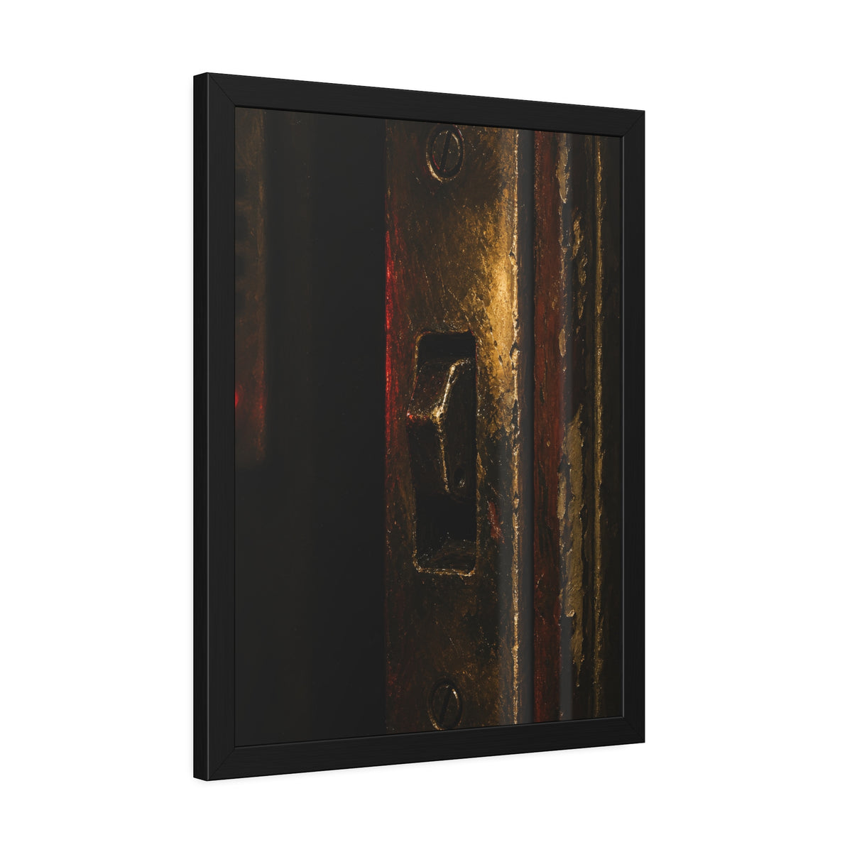 A brass door latch beside an intercom with a small red light. The Door Does Not Release by Garabaggio, framed fine art print hanging in a room.