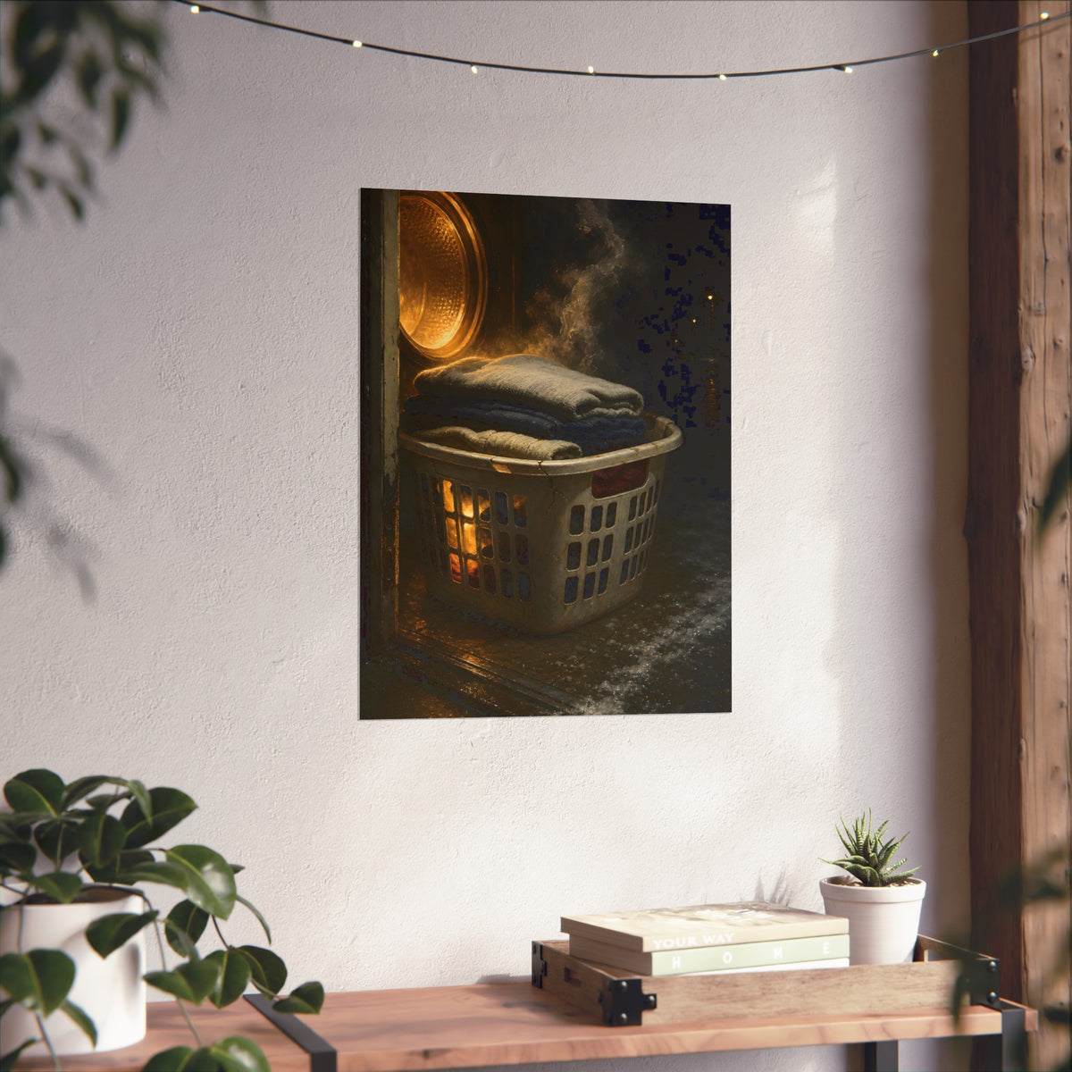 A laundry basket of folded clothes glowing in front of an open dryer. The Warm Clothes Against the Cold by Garabaggio, fine art print hanging in a room.