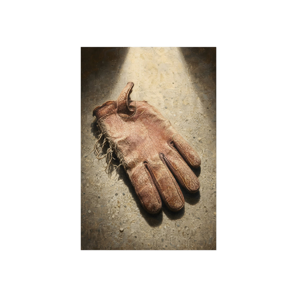 A cracked leather work glove lying on bright sunlit concrete. The Bleaching, Study of a Sun-Tired Glove by Garabaggio, fine art print hanging in a room.