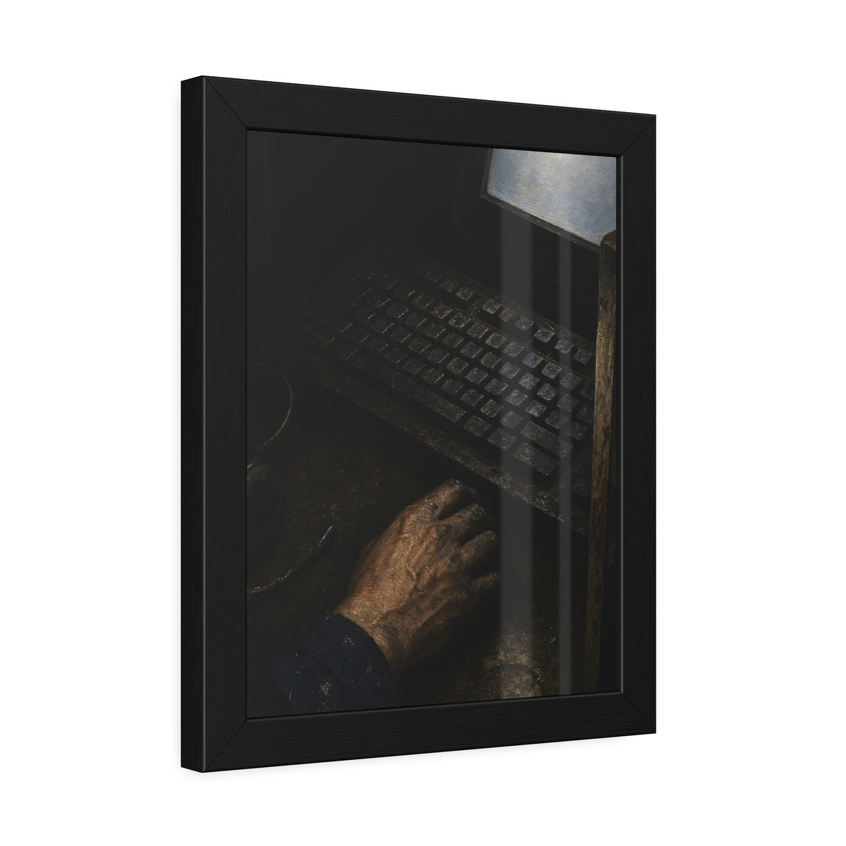 A hand on a mouse beside a grimy keyboard and a pale glowing screen. Login Before Dawn by Garabaggio, framed fine art print hanging in a room.