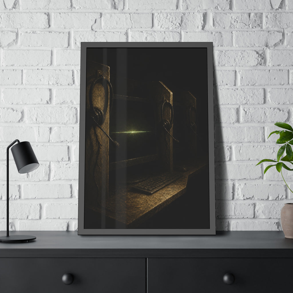 Dark cubicle monitors and a headset, one screen holding a thin green line. Power Down by Rows by Garabaggio, framed fine art print hanging in a room.