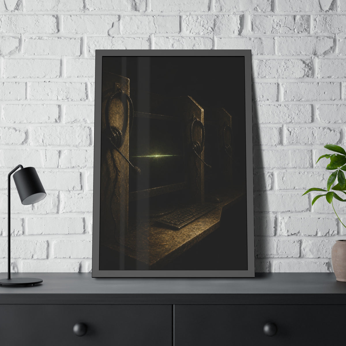 Dark cubicle monitors and a headset, one screen holding a thin green line. Power Down by Rows by Garabaggio, framed fine art print hanging in a room.