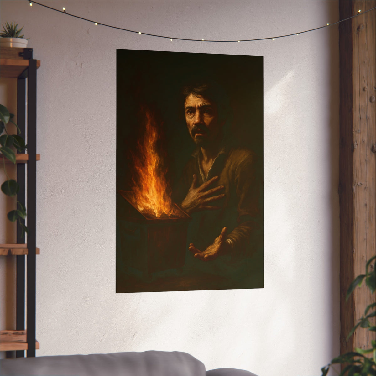Man reaching an open palm toward a dumpster fire at his left. Self-Portrait as the Doubting Thomas by Garabaggio, fine art print hanging in a room.