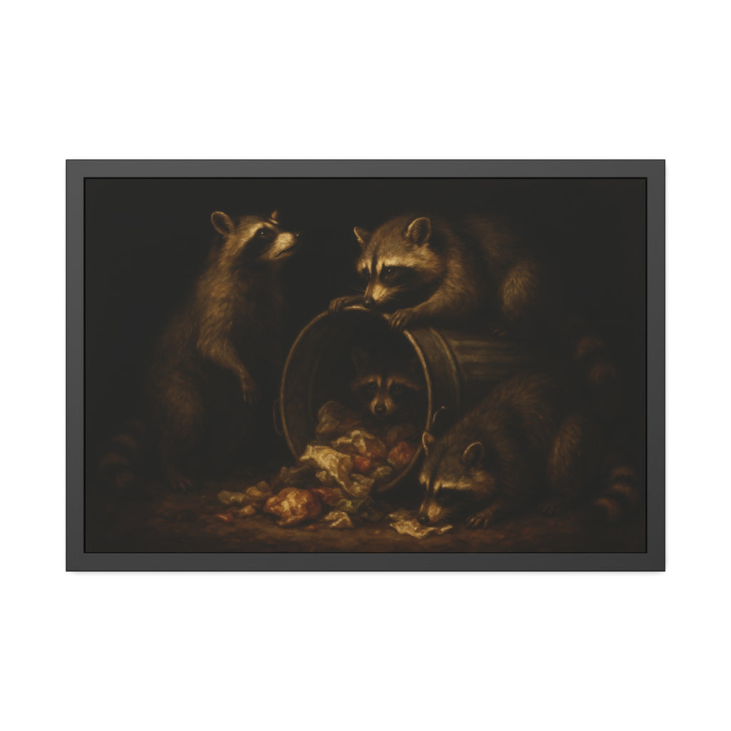 Four raccoons around a tipped metal trash can spilling food scraps. The Crowning with Crumbs by Garabaggio, framed fine art print hanging in a room.