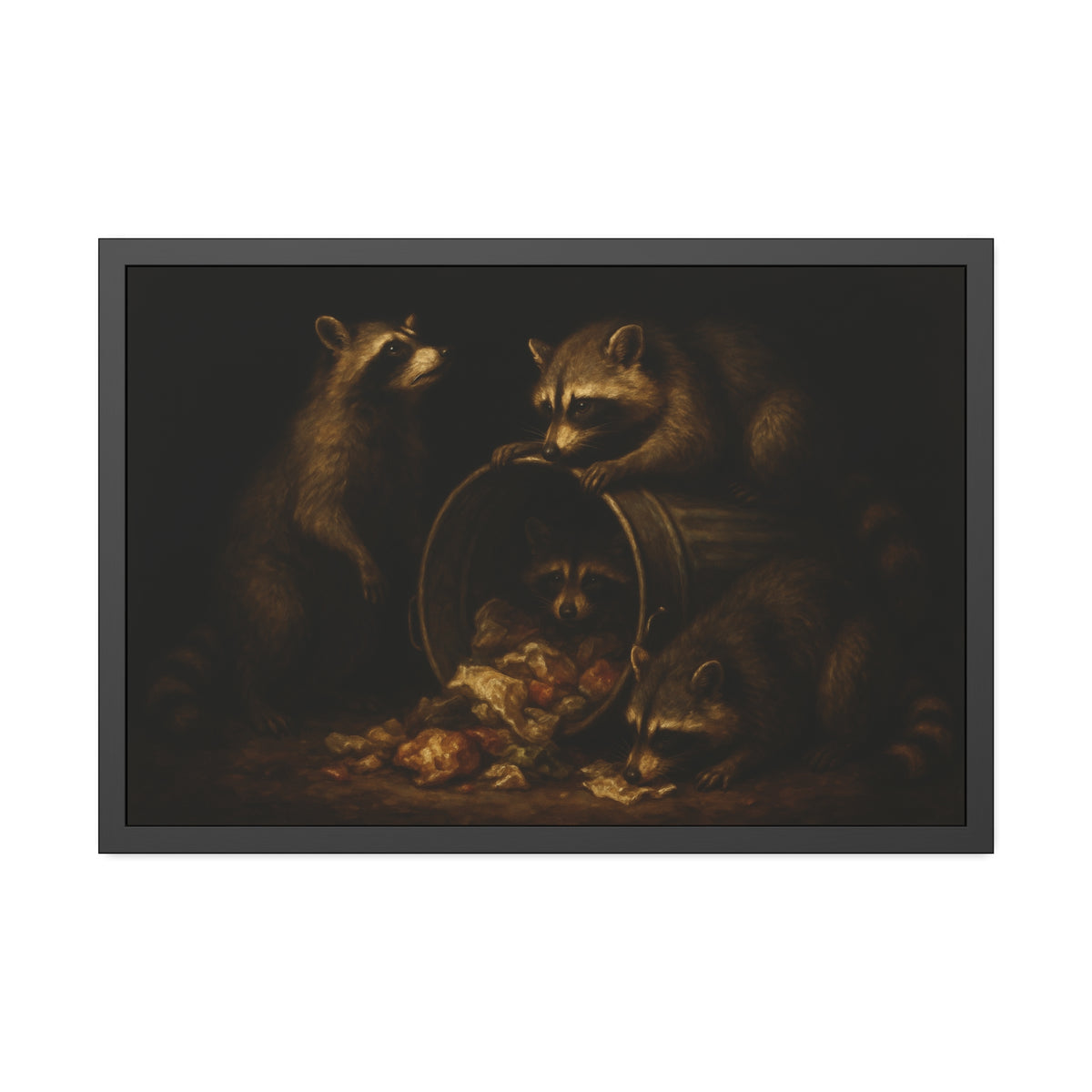 Four raccoons around a tipped metal trash can spilling food scraps. The Crowning with Crumbs by Garabaggio, framed fine art print hanging in a room.