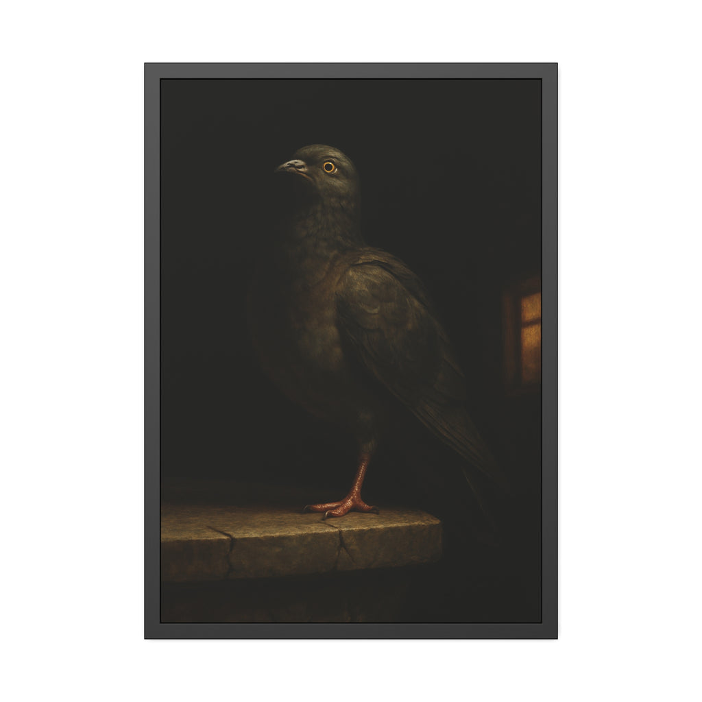 A pigeon standing on a cracked stone ledge in near darkness. The Martyrdom of the One-Legged Saint by Garabaggio, framed fine art print hanging in a room.