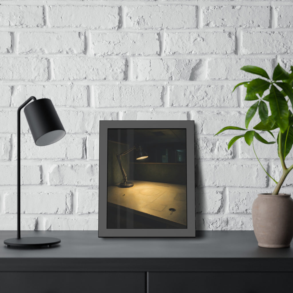 A lit desk lamp on an emptied office desk at night. The Desk Lamp Still Warm by Garabaggio, framed fine art print hanging in a room.