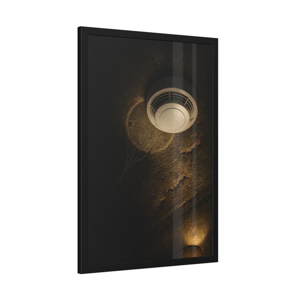 A new smoke detector on a stained ceiling next to an old mounting ring. The New Detector by Garabaggio, framed fine art print hanging in a room.