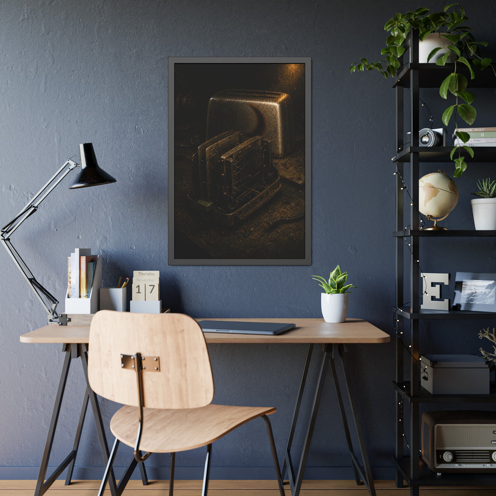 A toaster with its side panel opened to expose the heating elements. The Opening of the Shell by Garabaggio, framed fine art print hanging in a room.