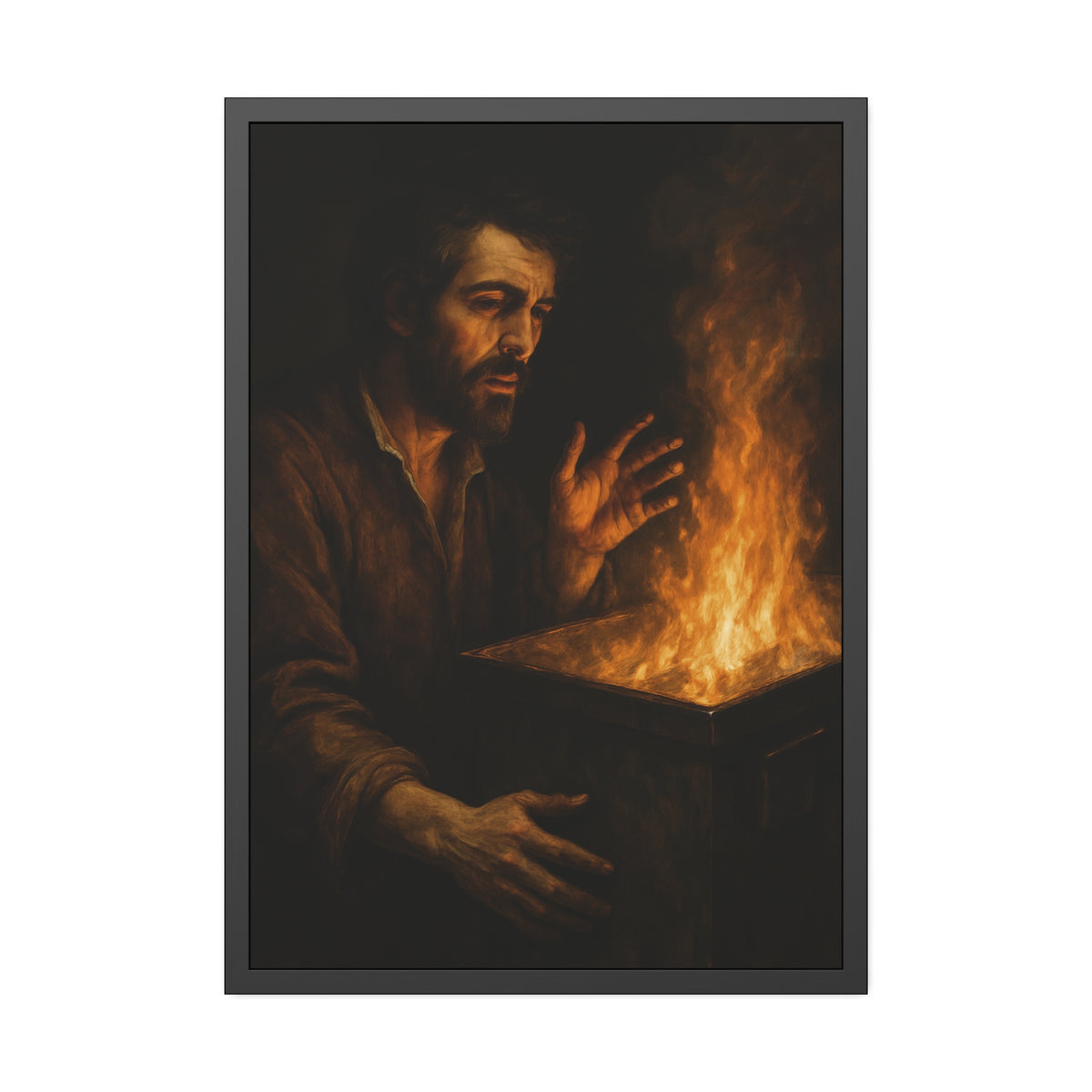 Man holding both hands toward the flames of a burning dumpster. Self-Portrait Warming the Hands by Garabaggio, framed fine art print hanging in a room.