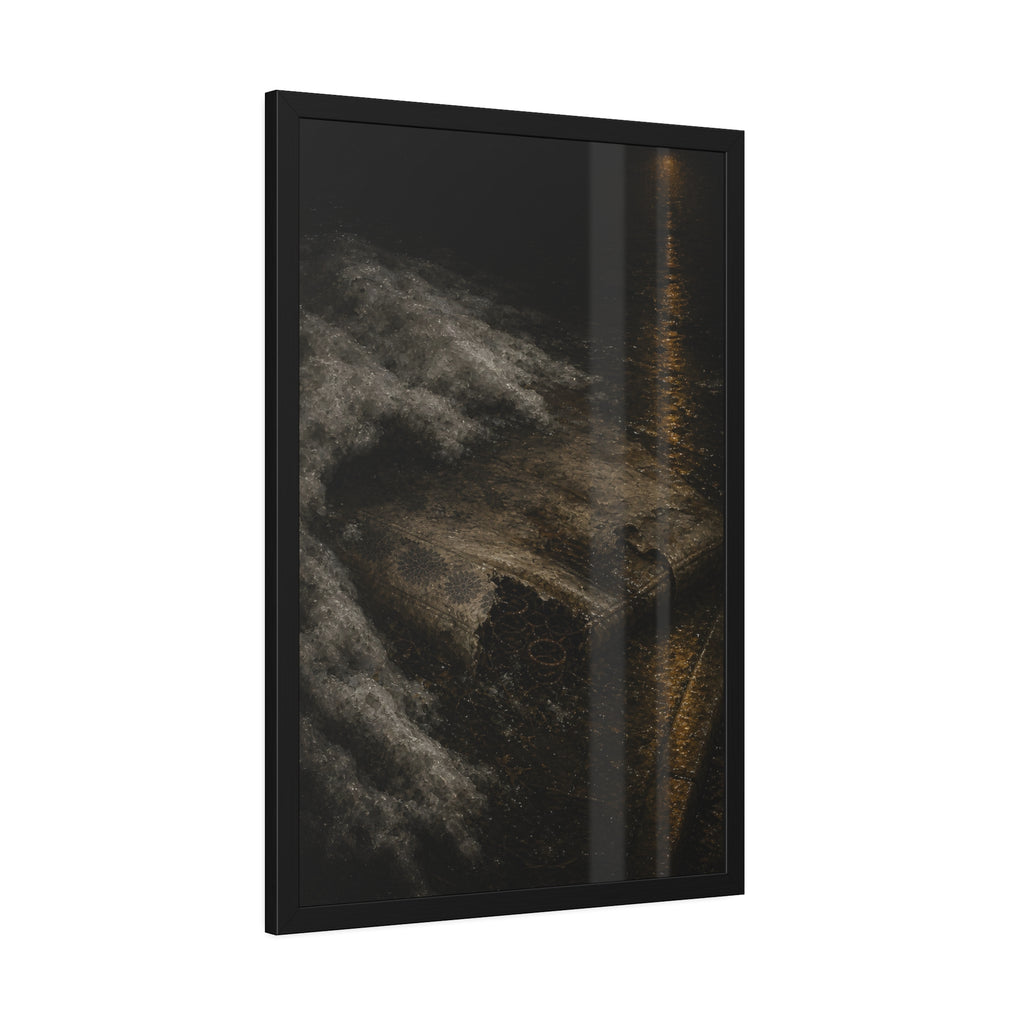 A soaked mattress in melting snow at the curb beside a wet street. The Thaw by Garabaggio, framed fine art print hanging in a room.
