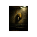Yellow ticket dispenser on a stained wall above empty seats. Before the First Name by Garabaggio, fine art print, 12″ x 16″.