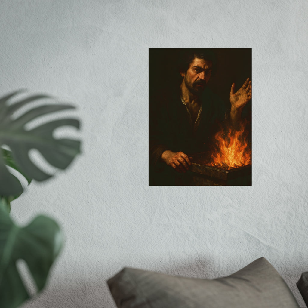 Man holding one hand high over the flames of an open burning bin. Self-Portrait Commanding the Light by Garabaggio, fine art print hanging in a room.