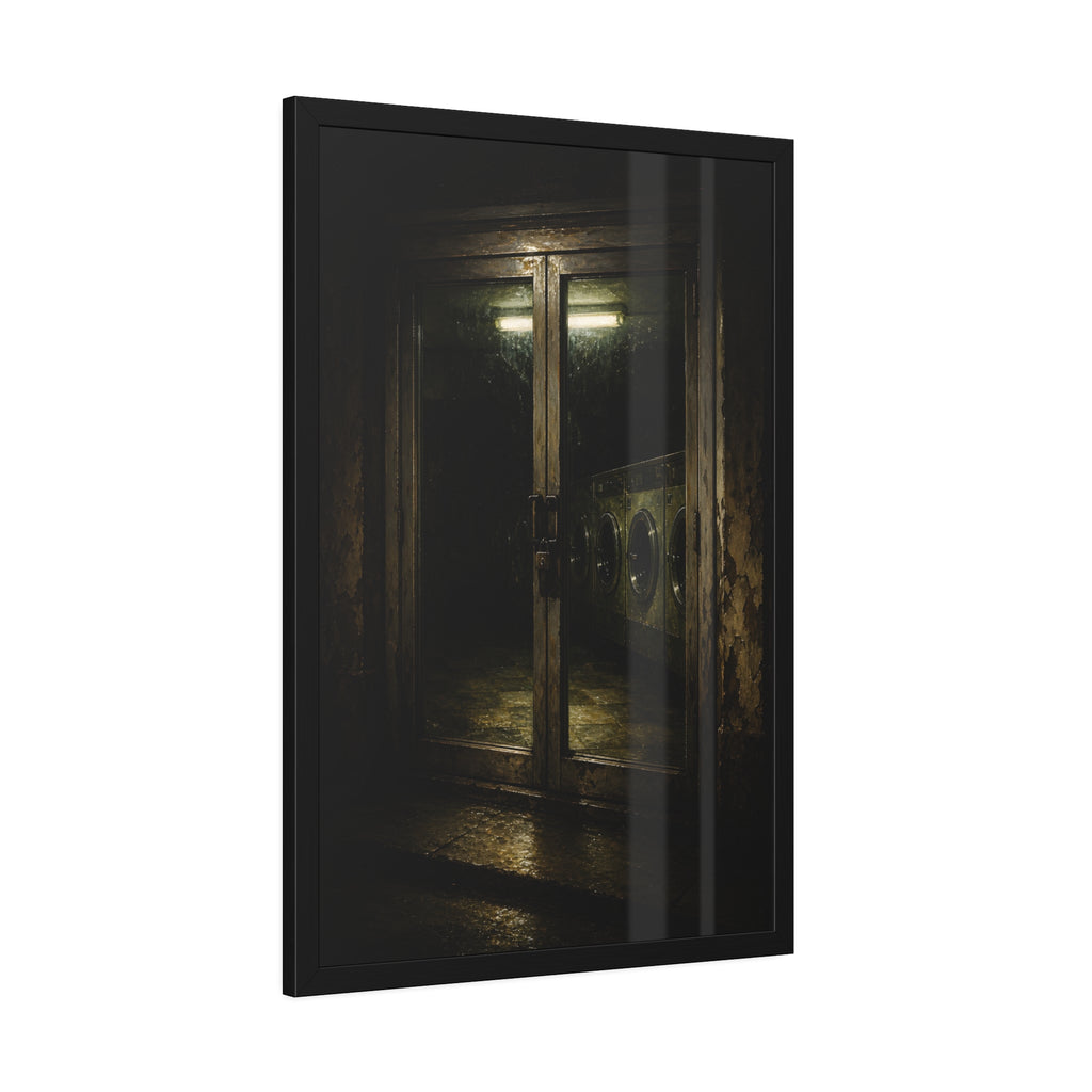 Glass laundromat doors at night with washers lit by a fluorescent tube. The Doors at Midnight by Garabaggio, framed fine art print hanging in a room.