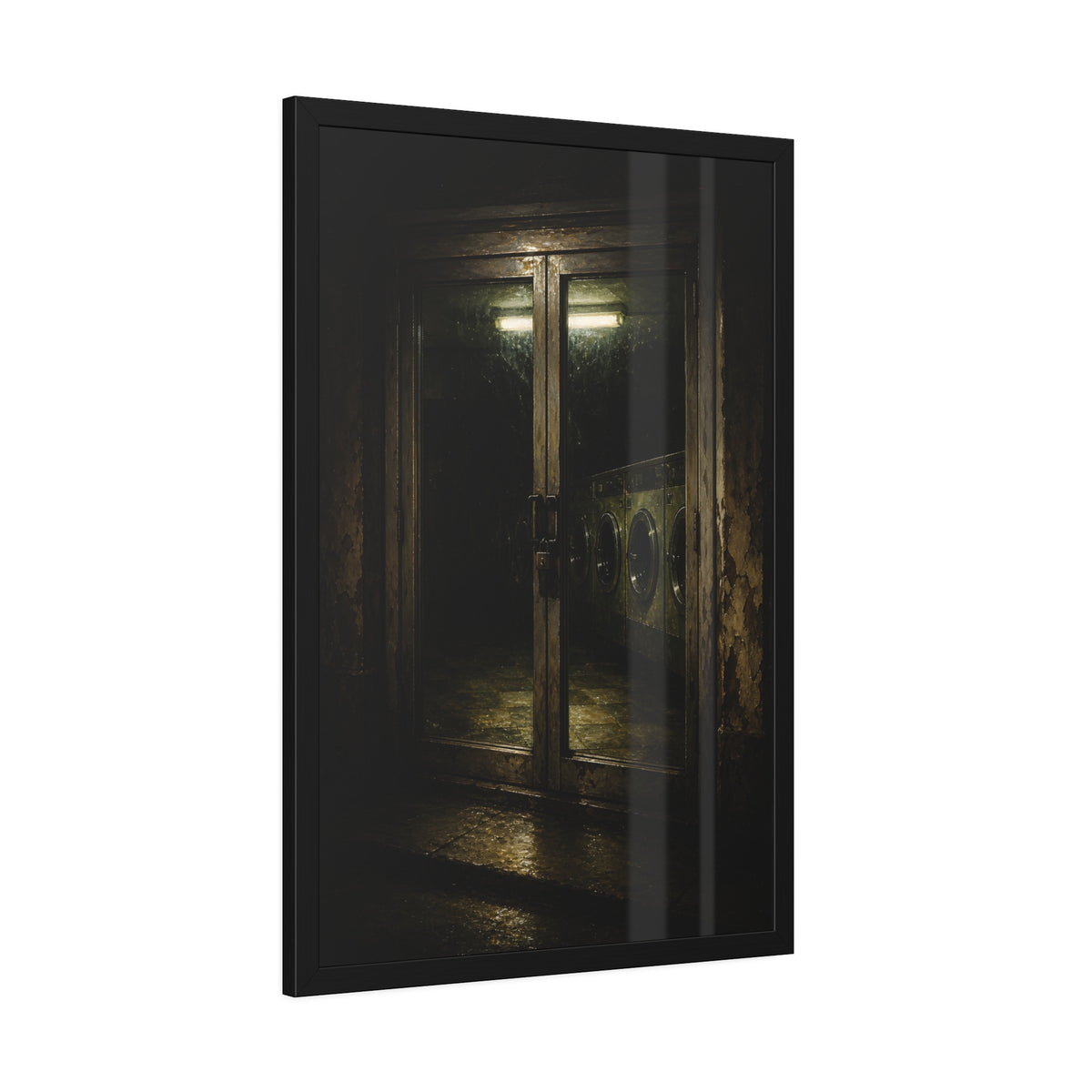 Glass laundromat doors at night with washers lit by a fluorescent tube. The Doors at Midnight by Garabaggio, framed fine art print hanging in a room.