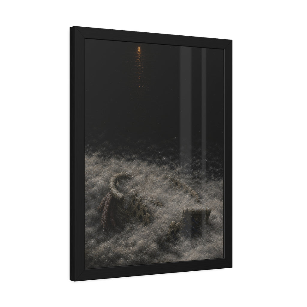 A broken laundry basket half buried in a snowbank under a distant light. Lattice in the Snowbank by Garabaggio, framed fine art print hanging in a room.