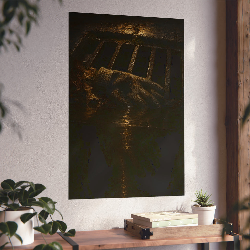 A single work glove on a storm drain grate above dark standing water. The Descent Into the Drain by Garabaggio, fine art print hanging in a room.