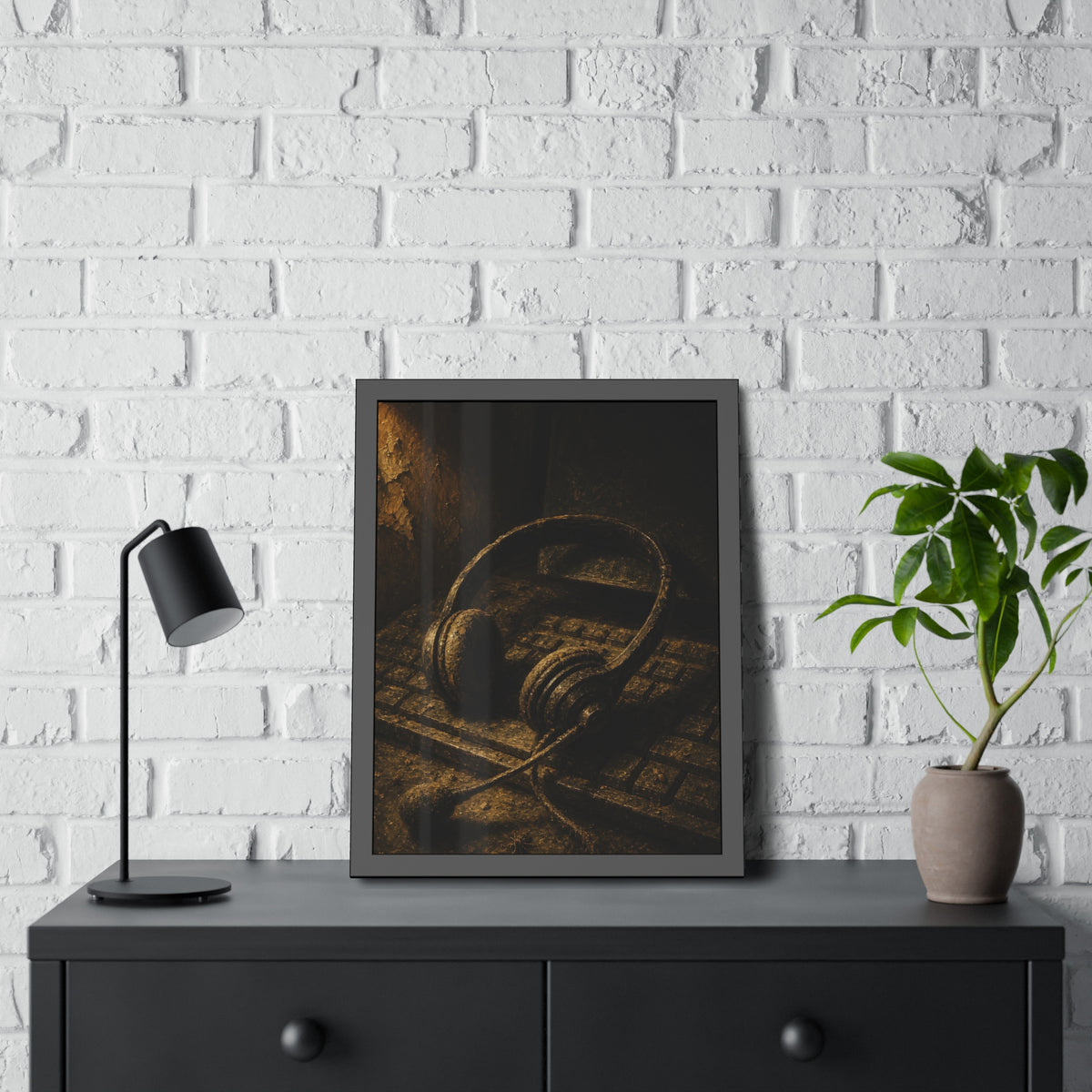 Dust covered headset resting on an old keyboard in brown light. Cubicles Under Dust by Garabaggio, framed fine art print hanging in a room.
