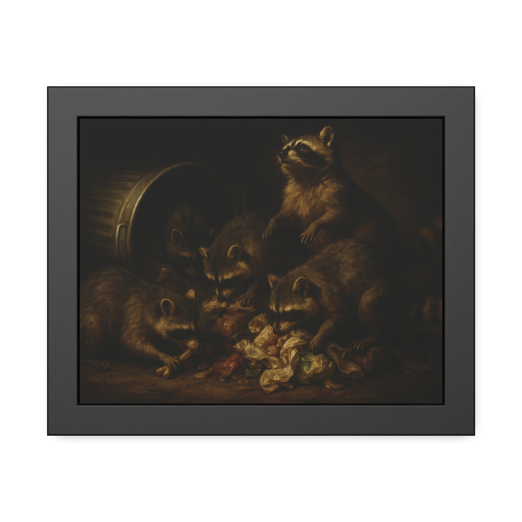 Five raccoons around a toppled metal trash can and spilled scraps. The Entombment of the Garbage by Garabaggio, framed fine art print, 14″ x 11″.