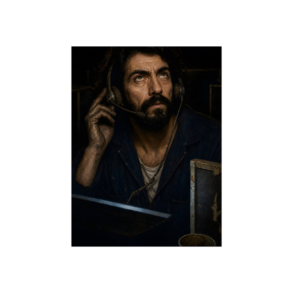 A man in a phone headset looks upward over the glow of a monitor. Garabaggio on Hold by Garabaggio, fine art print, 12″ x 16″.
