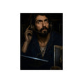 A man in a phone headset looks upward over the glow of a monitor. Garabaggio on Hold by Garabaggio, fine art print, 12″ x 16″.