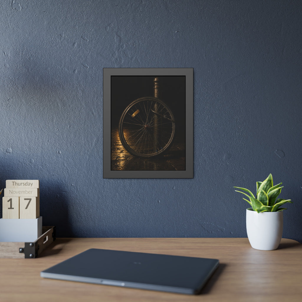 A bare bicycle wheel locked to a post on wet pavement. The Wheel Without a Bicycle by Garabaggio, framed fine art print hanging in a room.