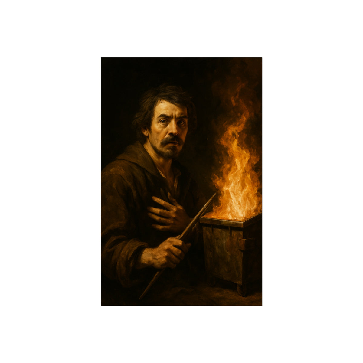 Man holding a long wooden stick, hand on chest, before a burning bin. Self-Portrait with Mahlstick by Garabaggio, fine art print hanging in a room.