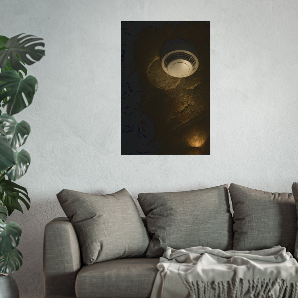 A new smoke detector on a stained ceiling next to an old mounting ring. The New Detector by Garabaggio, fine art print hanging in a room.
