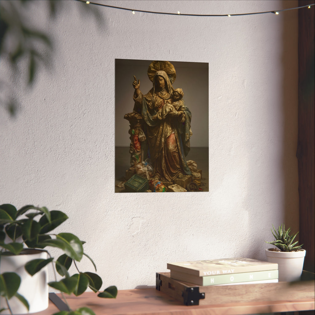 A standing veiled figure holding a child, refuse piled around the base. The Virgin of the Landfill by Garabaggio, fine art print hanging in a room.