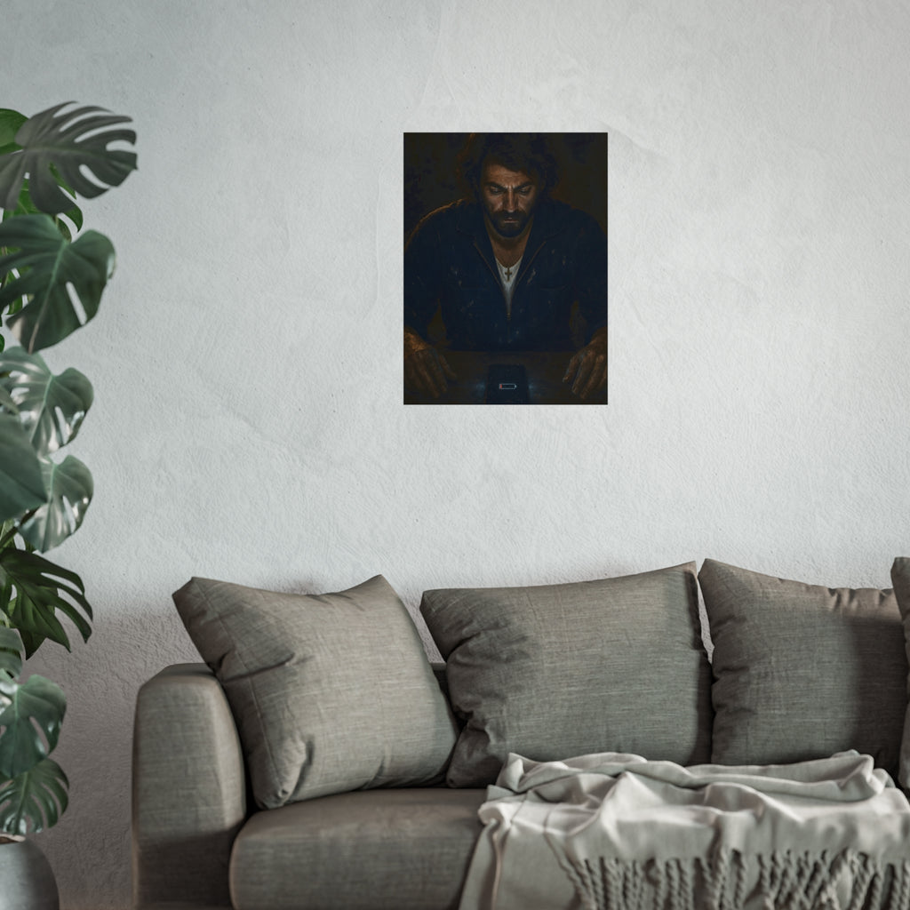 A man in a work jacket looks down at a phone showing a red low battery icon. The Calling at One Percent by Garabaggio, fine art print hanging in a room.