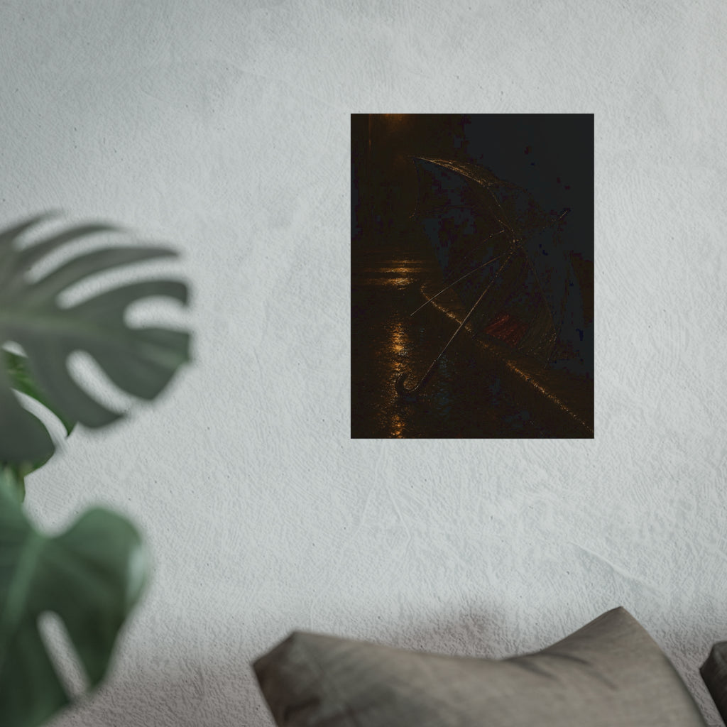 An open umbrella with bent ribs on a wet curb under a street lamp. The Presentation at the Crosswalk by Garabaggio, fine art print hanging in a room.