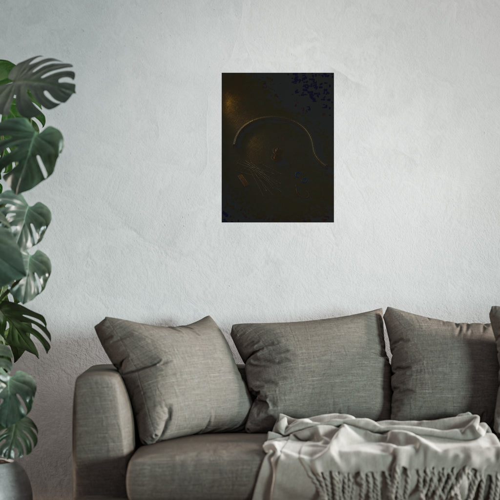 Bent bicycle rim, loose spokes and hub laid out on dark asphalt. Arc and Spokes by Garabaggio, fine art print hanging in a room.