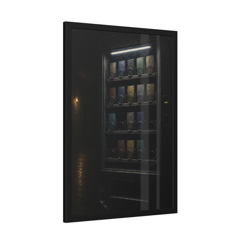 A vending machine with gaps in its rows lighting an empty hallway. The Gaps Spread by Garabaggio, framed fine art print hanging in a room.