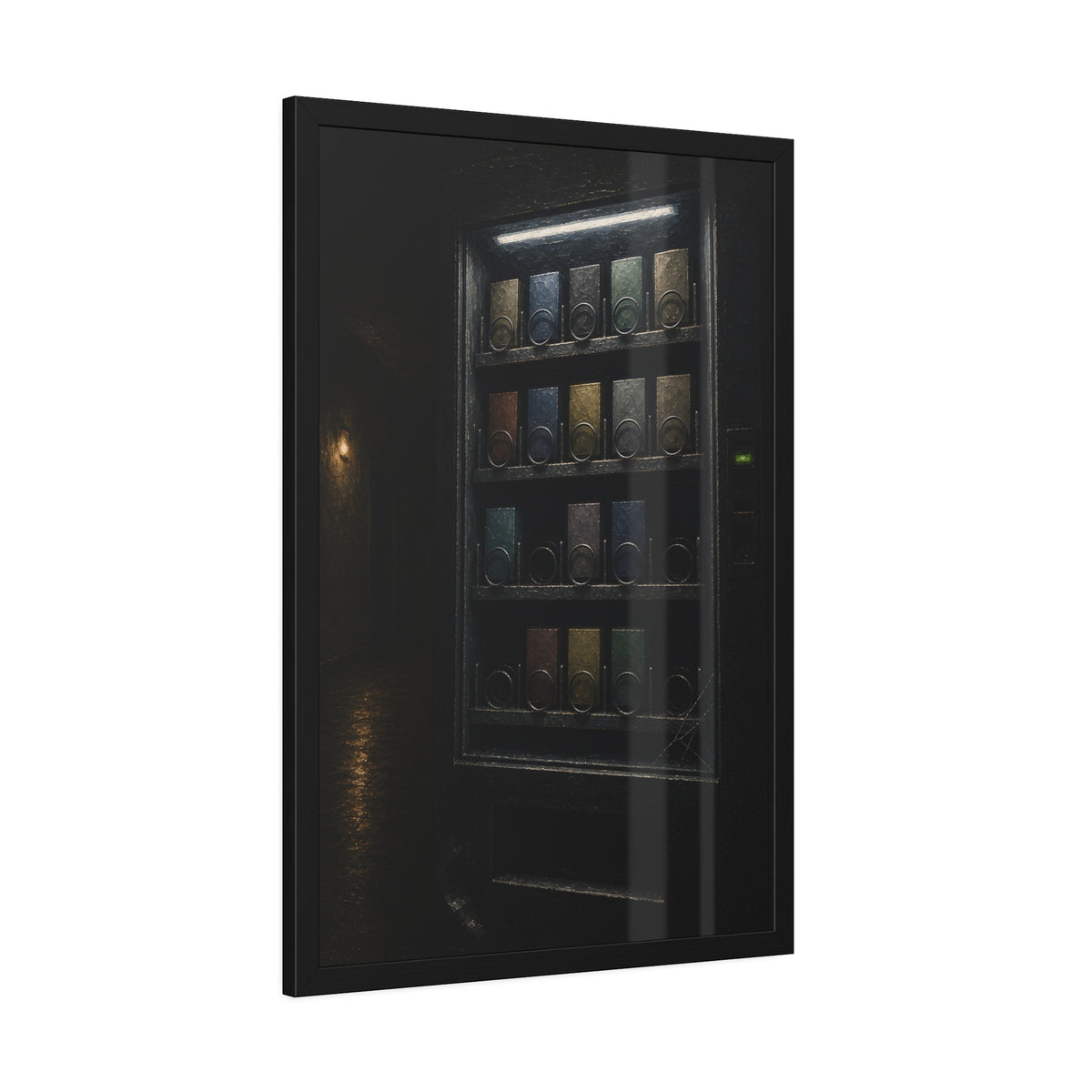 A vending machine with gaps in its rows lighting an empty hallway. The Gaps Spread by Garabaggio, framed fine art print hanging in a room.