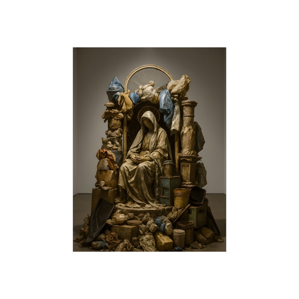 A veiled seated figure built from bags and refuse under a wheel halo. The Virgin Enthroned Among Ruins by Garabaggio, fine art print, 12″ x 16″.