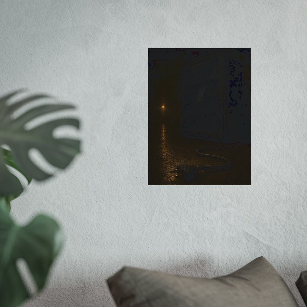 A dark vending machine with its unplugged cord lying on a wet corridor floor. The Unplugging by Garabaggio, fine art print hanging in a room.