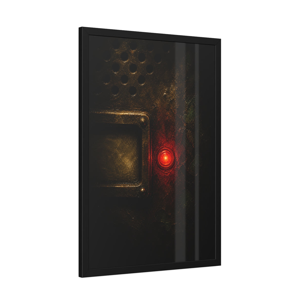 Close view of an intercom panel with one red button glowing in the dark. The Stuck Red Light by Garabaggio, framed fine art print hanging in a room.