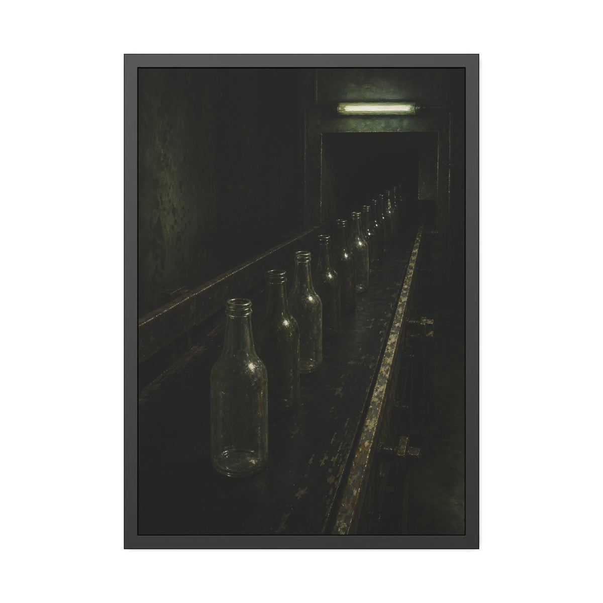 Empty glass bottles in a line on a conveyor under one fluorescent tube. The Procession of Bottles by Garabaggio, framed fine art print, 28″ x 40″.