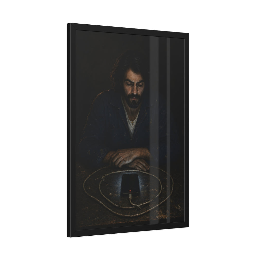 A bearded man at a table watching a phone charging inside a coiled cable. The Vigil of the Charging Cord by Garabaggio, framed fine art print hanging in a room.