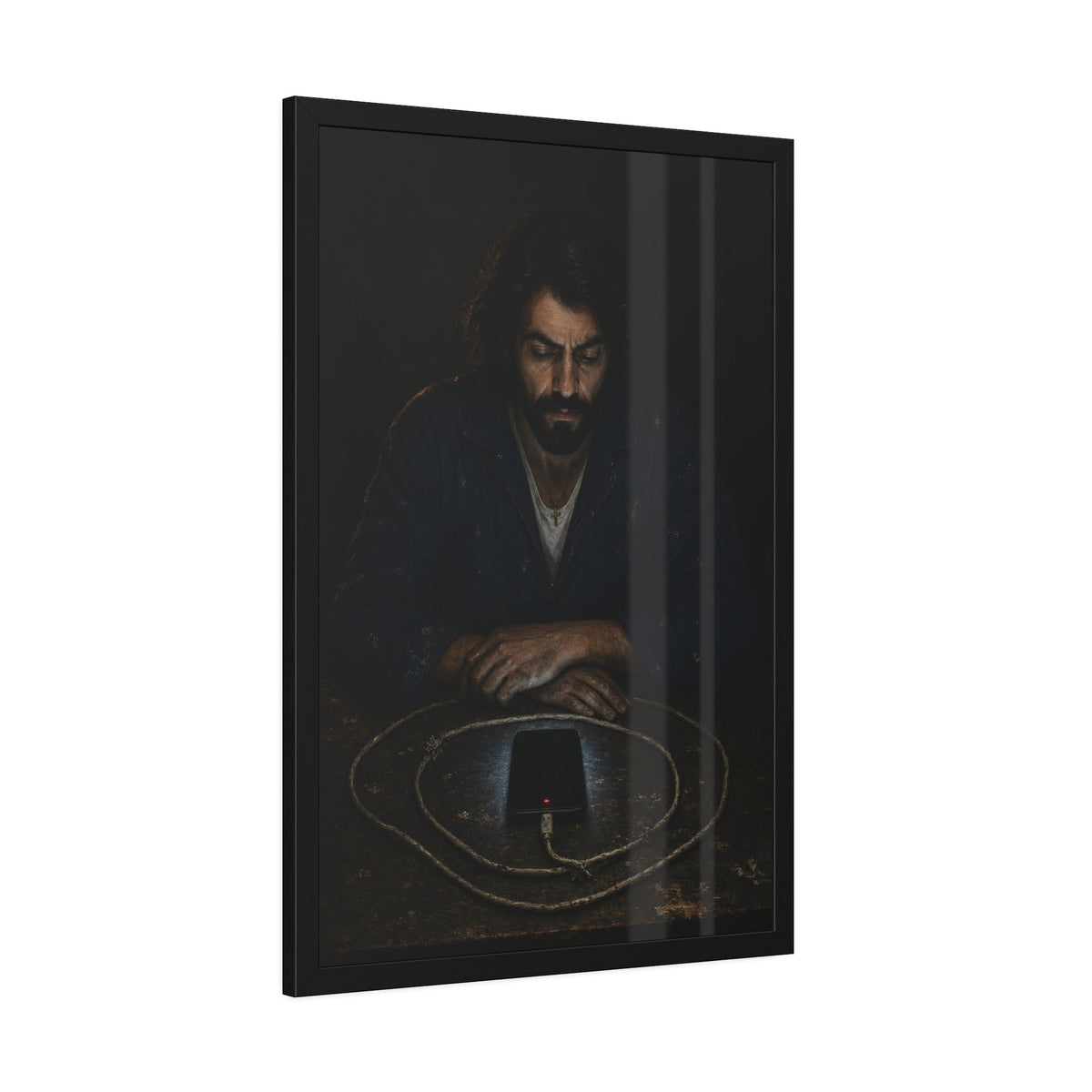 A bearded man at a table watching a phone charging inside a coiled cable. The Vigil of the Charging Cord by Garabaggio, framed fine art print hanging in a room.