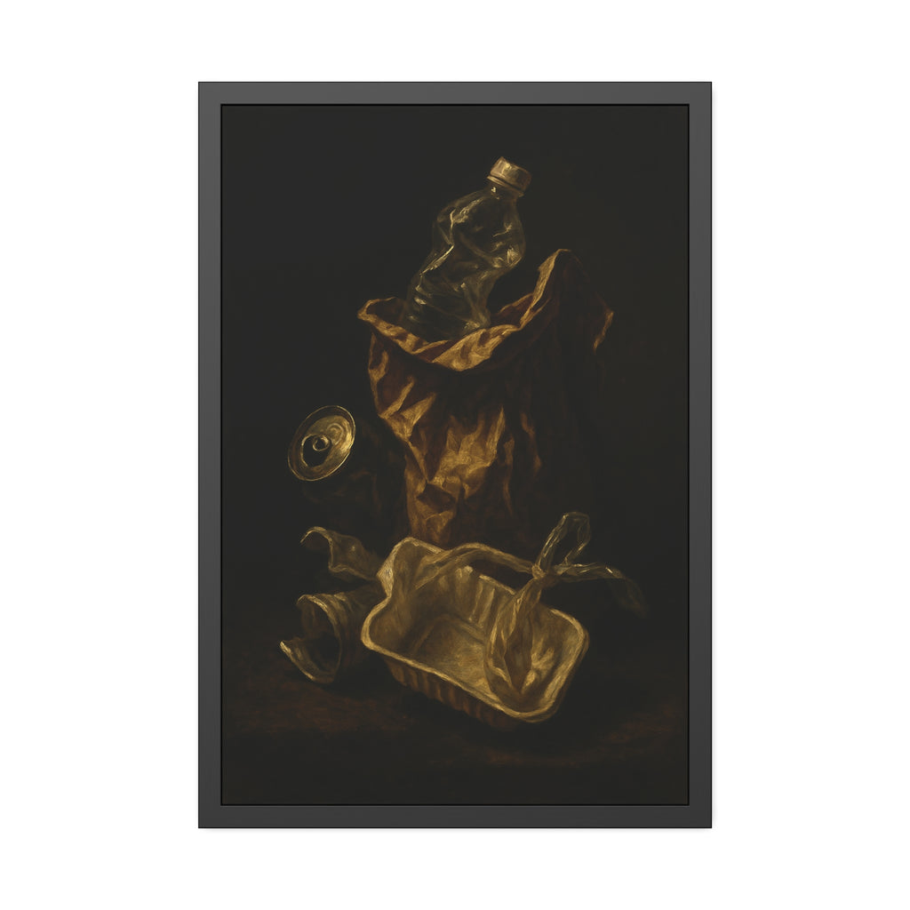 A paper bag, crushed bottle and foil tray lit against deep darkness. Reliquary of the Takeout by Garabaggio, framed fine art print hanging in a room.