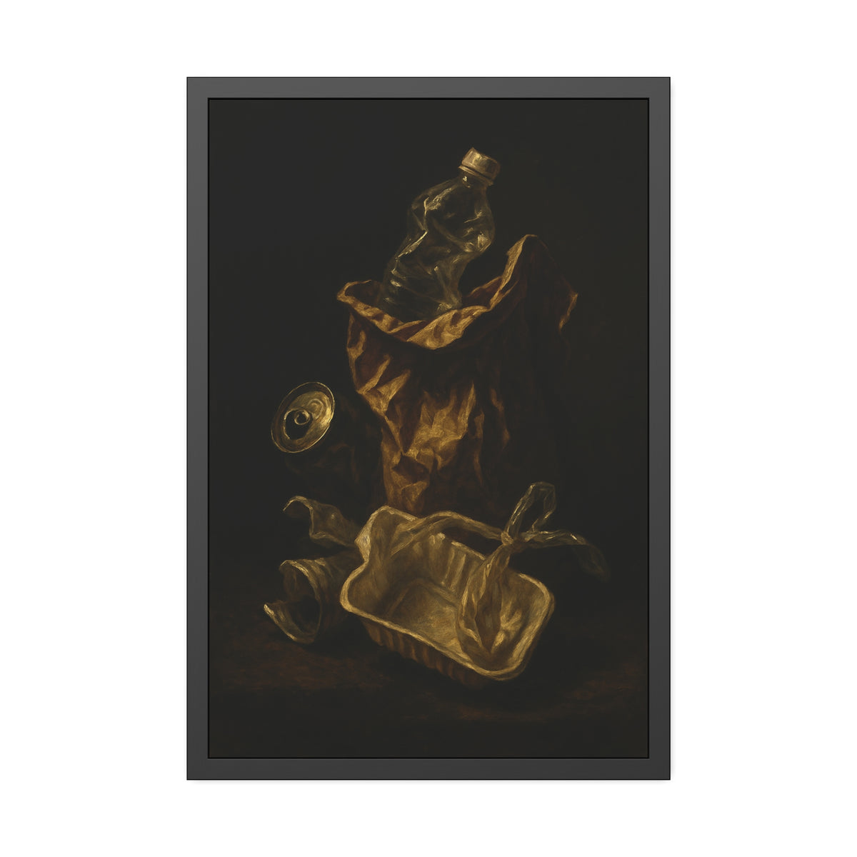 A paper bag, crushed bottle and foil tray lit against deep darkness. Reliquary of the Takeout by Garabaggio, framed fine art print hanging in a room.
