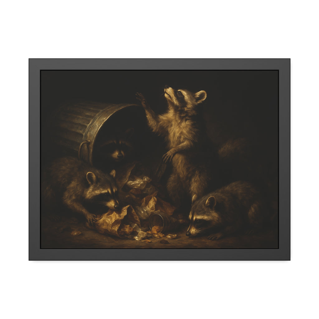 Raccoons around a fallen trash can, one rearing up with a raised paw. The Supper of Shadows by Garabaggio, framed fine art print hanging in a room.