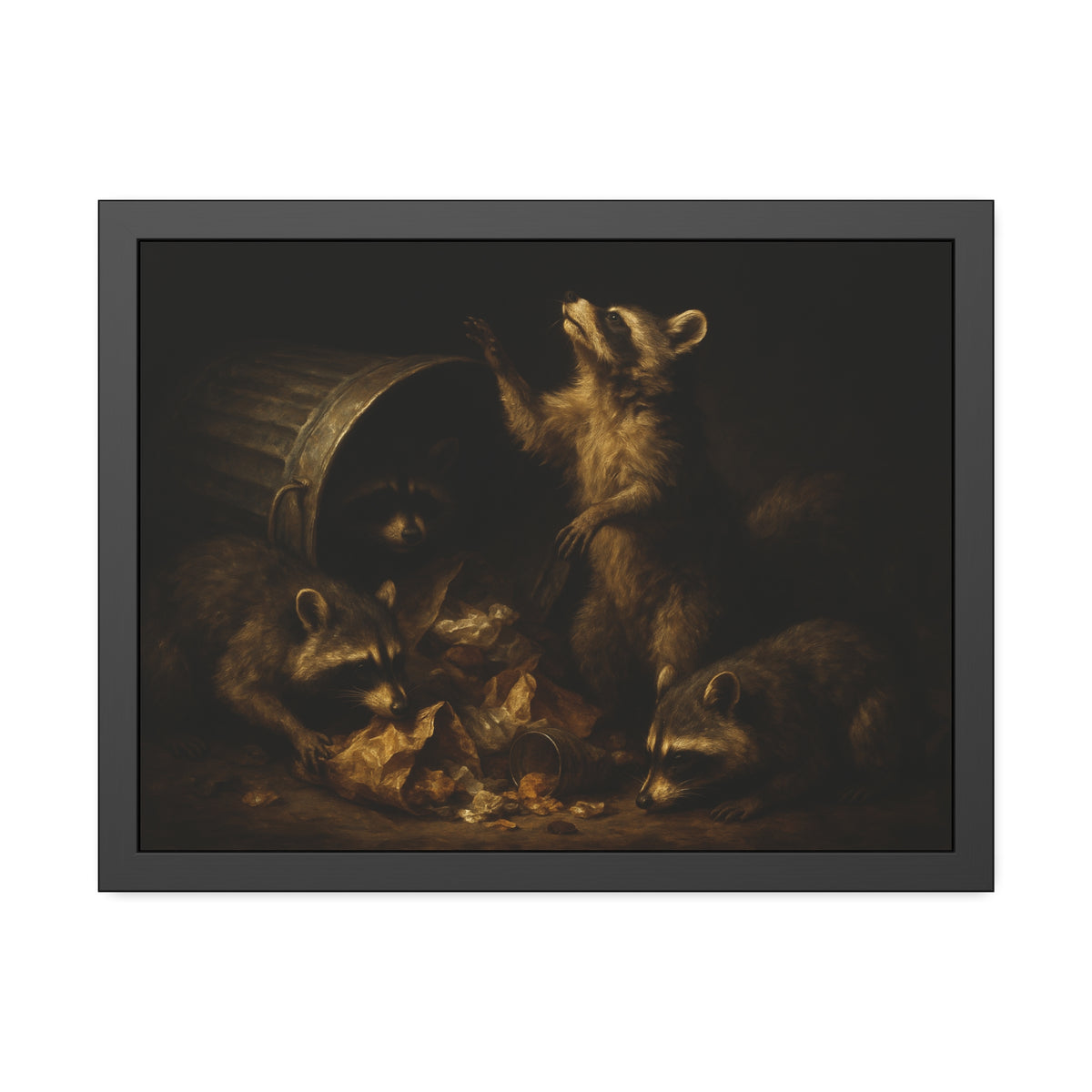 Raccoons around a fallen trash can, one rearing up with a raised paw. The Supper of Shadows by Garabaggio, framed fine art print hanging in a room.
