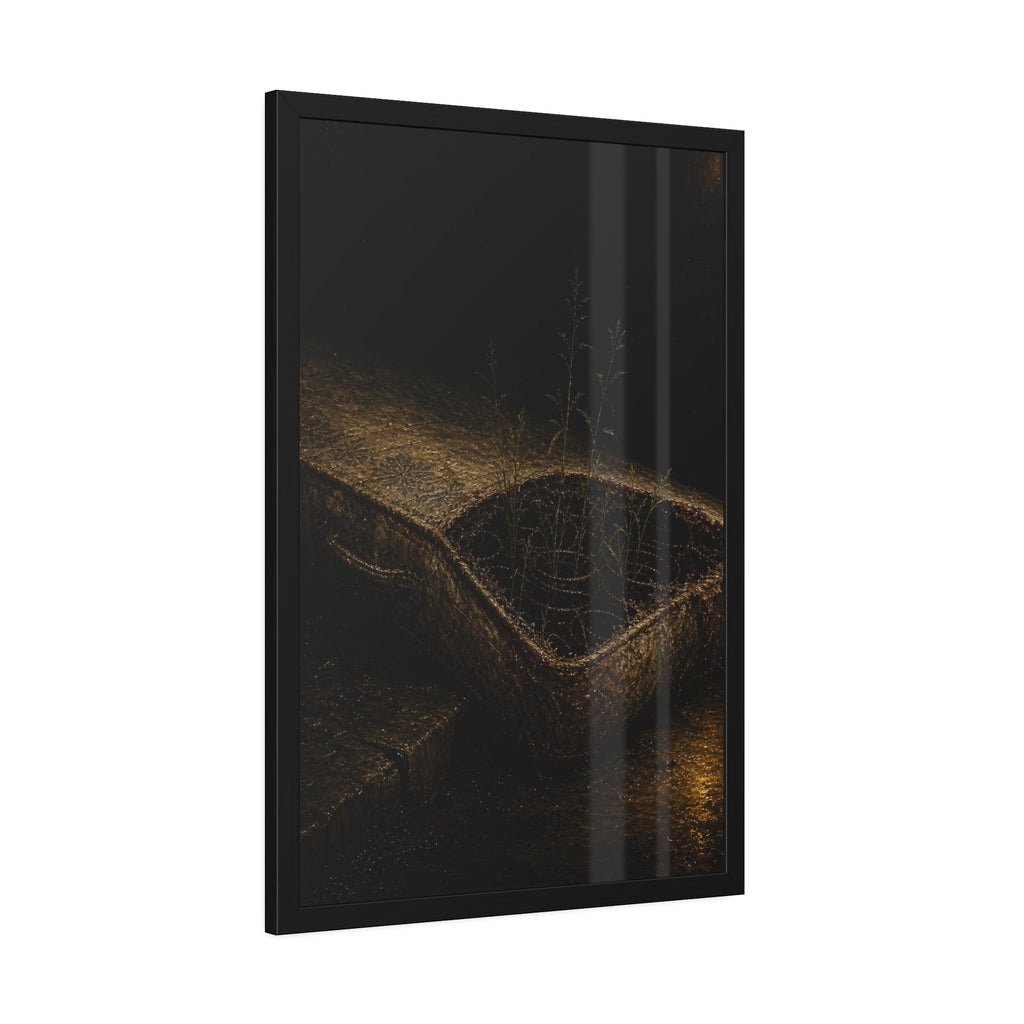Weeds growing through a torn mattress left at a wet curb at night. The Rooting of Weeds by Garabaggio, framed fine art print hanging in a room.
