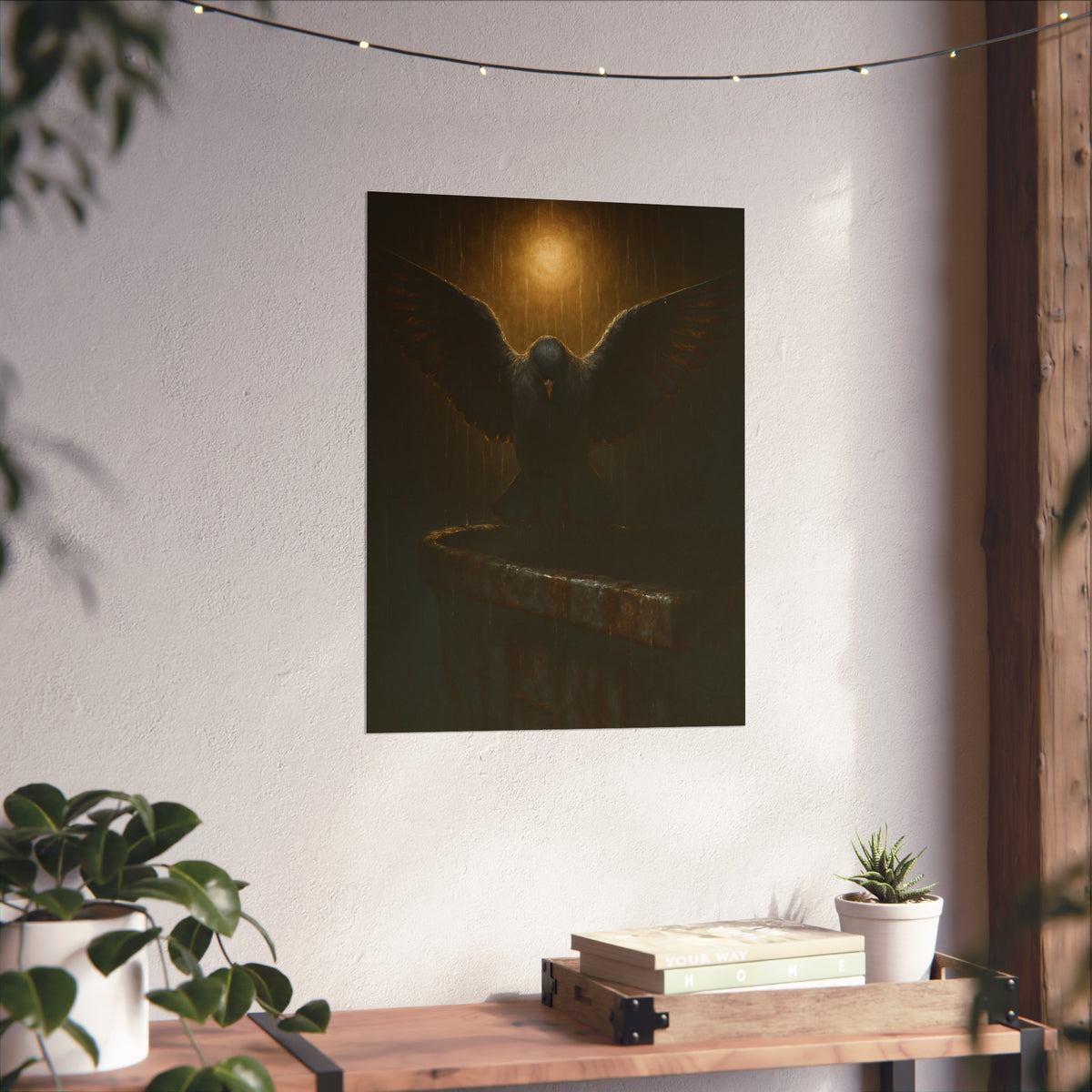 A pigeon with wings spread on a dumpster rim under a lamp in the rain. The Passion (Study in Rain) by Garabaggio, fine art print hanging in a room.
