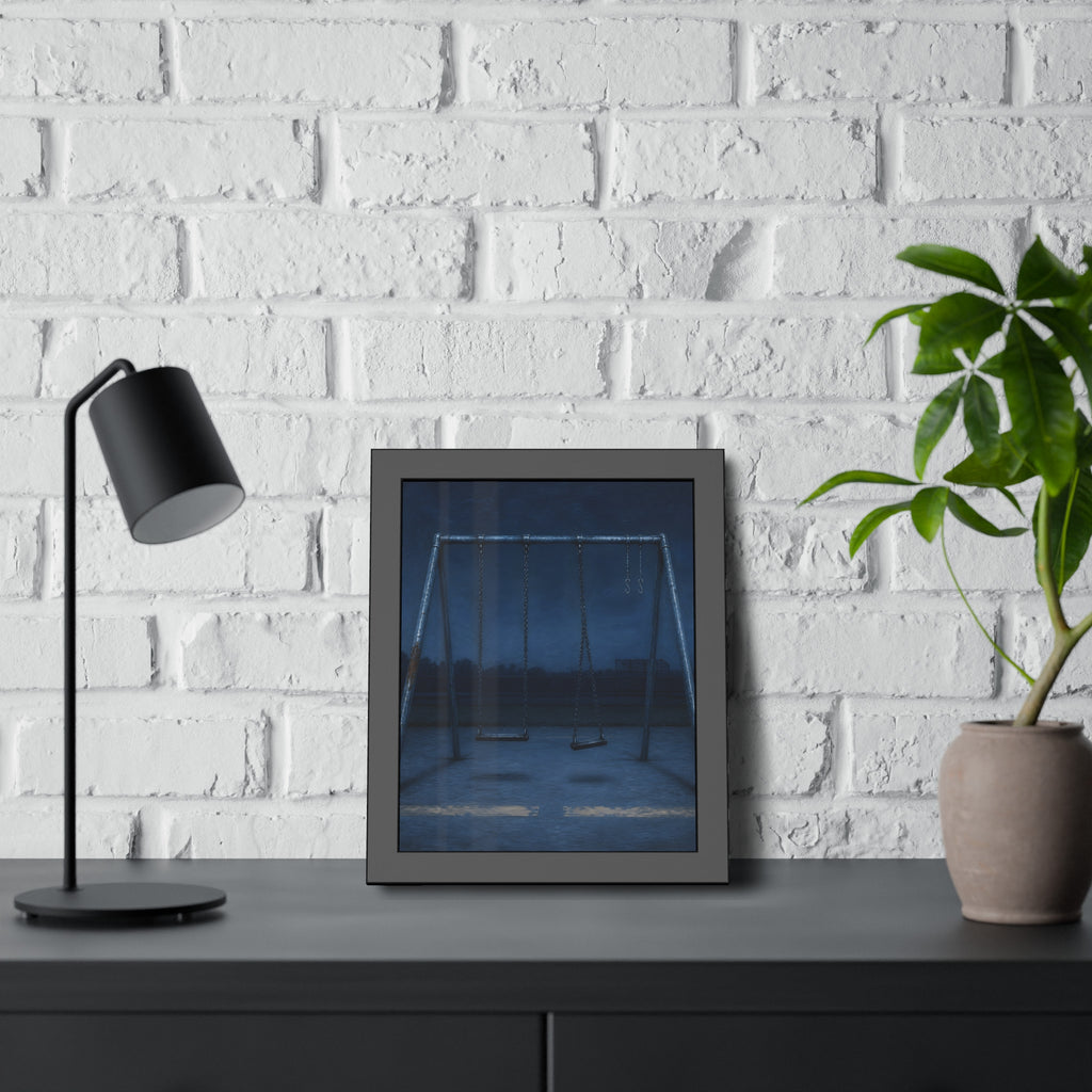 A swing set with two seats and two bare hooks in blue predawn light. The Fifth Hour: The Blue Before by Garabaggio, framed fine art print hanging in a room.